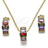 Juego de Arete y Dije de Adulto 10.284.0007.1 Oro Laminado, Diseño de Baguette, con Zirconia Cubica Multicolor, Pulido, Tono Dorado