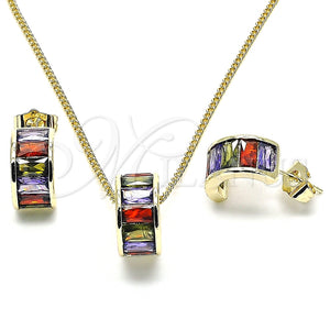 Juego de Arete y Dije de Adulto 10.284.0007.1 Oro Laminado, Diseño de Baguette, con Zirconia Cubica Multicolor, Pulido, Tono Dorado