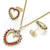 Juego de Arete y Dije de Adulto 10.284.0009.1 Oro Laminado, Diseño de Corazón, con Granate Zirconia Cubica, Pulido, Tono Dorado