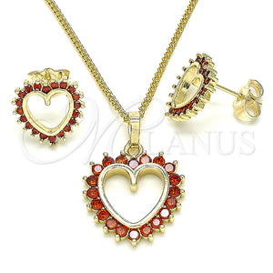 Juego de Arete y Dije de Adulto 10.284.0009.1 Oro Laminado, Diseño de Corazón, con Granate Zirconia Cubica, Pulido, Tono Dorado