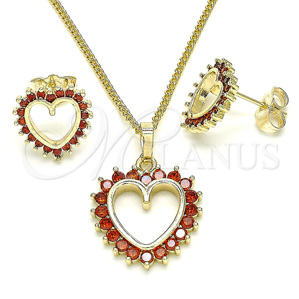 Juego de Arete y Dije de Adulto 10.284.0009.1 Oro Laminado, Diseño de Corazón, con Granate Zirconia Cubica, Pulido, Tono Dorado