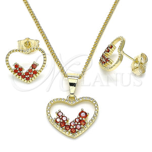 Juego de Arete y Dije de Adulto 10.284.0010.1 Oro Laminado, Diseño de Corazón, con Granate Micro Pave, Pulido, Tono Dorado