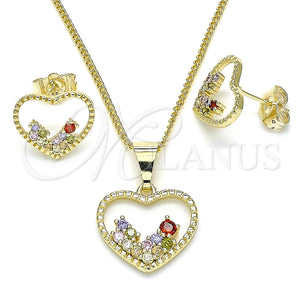 Juego de Arete y Dije de Adulto 10.284.0010.2 Oro Laminado, Diseño de Corazón, con Multicolor Micro Pave, Pulido, Tono Dorado