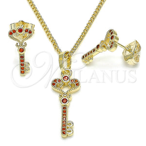 Juego de Arete y Dije de Adulto 10.284.0011.1 Oro Laminado, Diseño de Llave, con Granate Micro Pave, Pulido, Tono Dorado