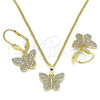 Juego de Arete y Dije de Adulto 10.284.0012 Oro Laminado, Diseño de Mariposa, con Blanca Micro Pave, Pulido, Tono Dorado