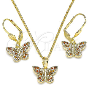 Juego de Arete y Dije de Adulto 10.284.0012.1 Oro Laminado, Diseño de Mariposa, con Granate Micro Pave, Pulido, Tono Dorado