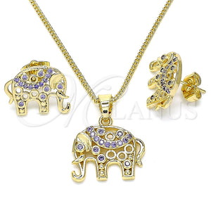 Juego de Arete y Dije de Adulto 10.316.0020.4 Oro Laminado, Diseño de Elefante, con Amatista Micro Pave, Pulido, Tono Dorado