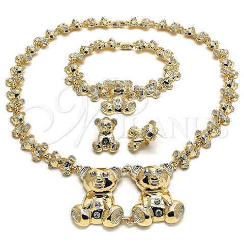 Collar, Pulsera y Dije 06.372.0013 Oro Laminado, Diseño de Osito y Besos y Abrazos, con Blanca Cristal, Pulido, Tono Dorado