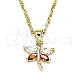Collares con Dije 04.213.0208.24 Oro Laminado, Diseño de Libélula, con Granate and Blanca Zirconia Cubica, Pulido, Tono Dorado (01 MM Thickness, 20 Inches Length)