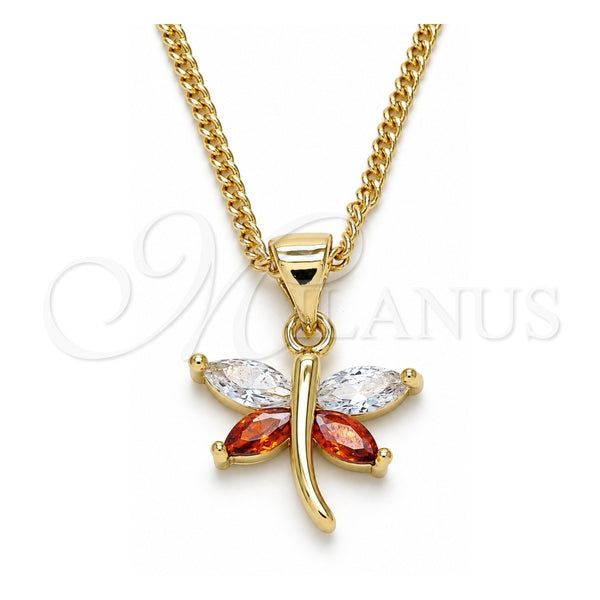 Collares con Dije 04.213.0208.24 Oro Laminado, Diseño de Libélula, con Zirconia Cubica Granate y Blanca, Pulido, Tono Dorado (Grosor 01 MM, 20 Pulgadas de Largo)