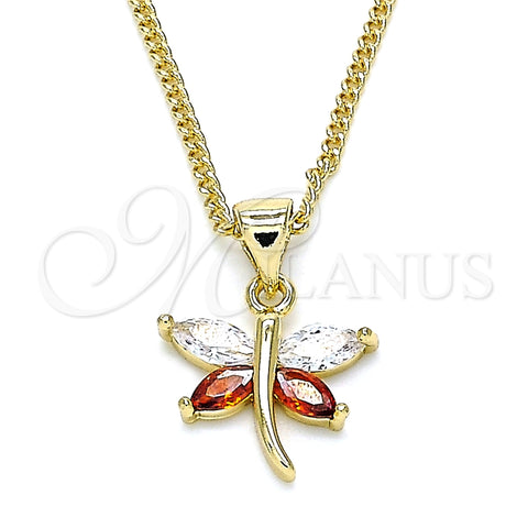 Collares con Dije 04.213.0208.24 Oro Laminado, Diseño de Libélula, con Granate and Blanca Zirconia Cubica, Pulido, Tono Dorado (01 MM Thickness, 20 Inches Length)