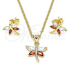 Juego de Arete y Dije de Adulto 10.213.0014 Oro Laminado, Diseño de Libélula, con Granate and Blanca Zirconia Cubica, Pulido, Tono Dorado