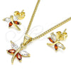 Juego de Arete y Dije de Adulto 10.213.0014 Oro Laminado, Diseño de Libélula, con Granate and Blanca Zirconia Cubica, Pulido, Tono Dorado