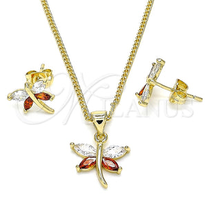 Juego de Arete y Dije de Adulto 10.213.0014 Oro Laminado, Diseño de Libélula, con Granate and Blanca Zirconia Cubica, Pulido, Tono Dorado