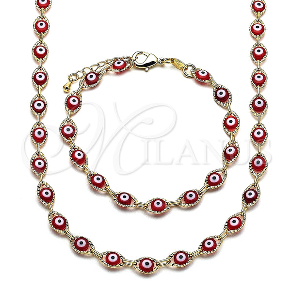 Collar y Pulsera 06.63.0199.2 Oro Laminado, Diseño de Ojo Griego, Resinado Rojo, Tono Dorado