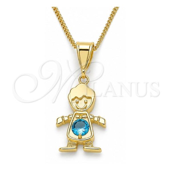 Collares con Dije 04.253.0014.20 Oro Laminado, Diseño de Niñito Pequeño, con Zirconia Cubica Aqua Azul, Pulido, Tono Dorado (Grosor 01 MM, 20 Pulgadas de Largo)