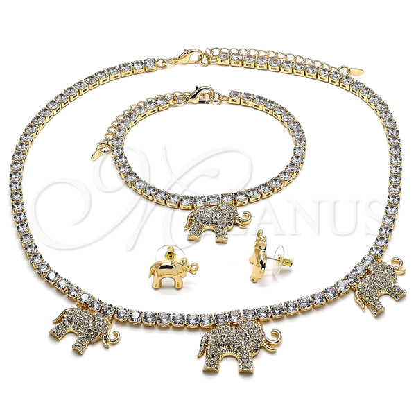 Collar, Pulsera y Dije 06.372.0017 Oro Laminado, Diseño de Elefante, con Blanca Zirconia Cubica and Blanca Cristal, Pulido, Tono Dorado