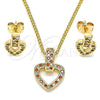 Juego de Arete y Dije de Adulto 10.342.0011.2 Oro Laminado, Diseño de Corazón, con Granate and Blanca Micro Pave, Pulido, Tono Dorado