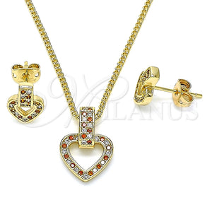 Juego de Arete y Dije de Adulto 10.342.0011.2 Oro Laminado, Diseño de Corazón, con Granate and Blanca Micro Pave, Pulido, Tono Dorado