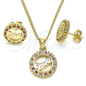 Juego de Arete y Dije de Adulto 10.342.0017.2 Oro Laminado, Diseño de Amor, con Granate and Blanca Micro Pave, Pulido, Tono Dorado