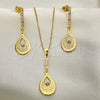 Juego de Arete y Dije de Adulto 10.58.0009 Oro Laminado, Diseño de Box, con Blanca Zirconia Cubica, Resinado, Tono Dorado