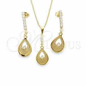 Juego de Arete y Dije de Adulto 10.58.0009 Oro Laminado, Diseño de Box, con Blanca Zirconia Cubica, Resinado, Tono Dorado
