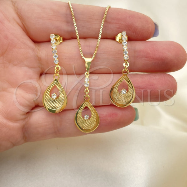 Juego de Arete y Dije de Adulto 10.58.0009 Oro Laminado, Diseño de Box, con Blanca Zirconia Cubica, Resinado, Tono Dorado