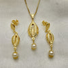 Juego de Arete y Dije de Adulto 10.58.0018 Oro Laminado, Diseño de Concha y Box, con Blanca Madre Perla, Pulido, Tono Dorado