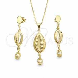 Juego de Arete y Dije de Adulto 10.58.0018 Oro Laminado, Diseño de Concha y Box, con Blanca Madre Perla, Pulido, Tono Dorado