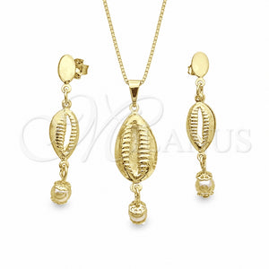 Juego de Arete y Dije de Adulto 10.58.0018 Oro Laminado, Diseño de Concha y Box, con Blanca Madre Perla, Pulido, Tono Dorado