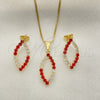 Juego de Arete y Dije de Adulto 10.58.0023 Oro Laminado, Diseño de Box y Oja, con Granate and Blanca Zirconia Cubica, Pulido, Tono Dorado