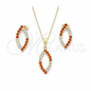 Juego de Arete y Dije de Adulto 10.58.0023 Oro Laminado, Diseño de Box y Oja, con Granate and Blanca Zirconia Cubica, Pulido, Tono Dorado