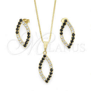 Juego de Arete y Dije de Adulto 10.58.0023.1 Oro Laminado, Diseño de Box y Oja, con Negro and Blanca Zirconia Cubica, Pulido, Tono Dorado