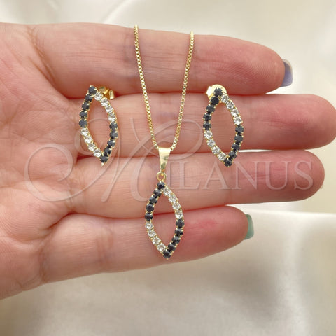 Juego de Arete y Dije de Adulto 10.58.0023.1 Oro Laminado, Diseño de Box y Oja, con Negro and Blanca Zirconia Cubica, Pulido, Tono Dorado