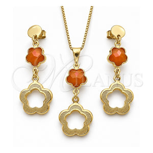 Juego de Arete y Dije de Adulto 10.58.0025 Oro Laminado, Diseño de Flor y Box, con Opal Topacio, Resinado, Tono Dorado