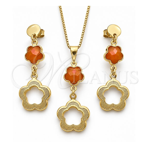 Juego de Arete y Dije de Adulto 10.58.0025 Oro Laminado, Diseño de Flor y Box, con Opal Topacio, Resinado, Tono Dorado