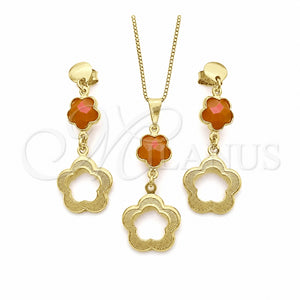 Juego de Arete y Dije de Adulto 10.58.0025 Oro Laminado, Diseño de Flor y Box, con Topacio Opal, Resinado, Tono Dorado