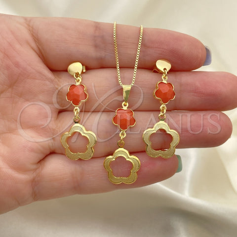 Juego de Arete y Dije de Adulto 10.58.0025 Oro Laminado, Diseño de Flor y Box, con Topacio Opal, Resinado, Tono Dorado