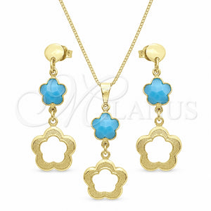 Juego de Arete y Dije de Adulto 10.58.0025.1 Oro Laminado, Diseño de Flor y Box, con Aguamarina Opal, Resinado, Tono Dorado