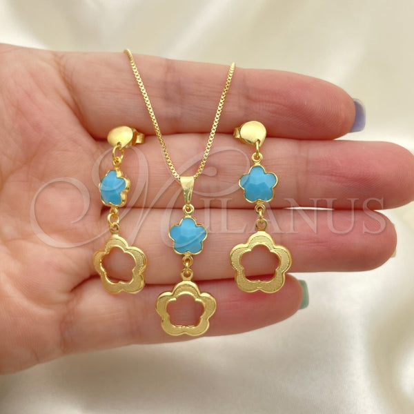 Juego de Arete y Dije de Adulto 10.58.0025.1 Oro Laminado, Diseño de Flor y Box, con Aguamarina Opal, Resinado, Tono Dorado