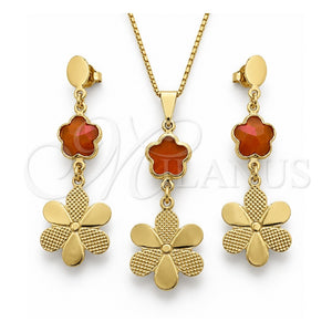Juego de Arete y Dije de Adulto 10.58.0026 Oro Laminado, Diseño de Flor y Box, con Opal Topacio, Resinado, Tono Dorado