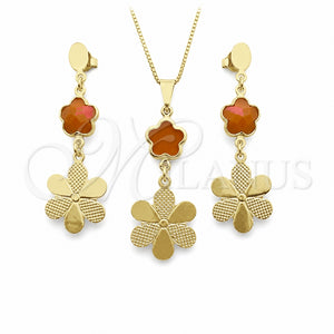 Juego de Arete y Dije de Adulto 10.58.0026 Oro Laminado, Diseño de Flor y Box, con Topacio Opal, Resinado, Tono Dorado