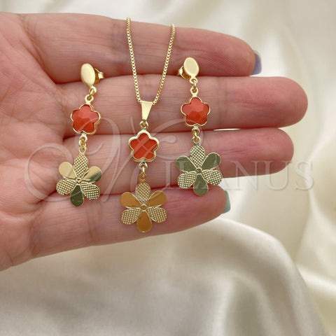 Juego de Arete y Dije de Adulto 10.58.0026 Oro Laminado, Diseño de Flor y Box, con Topacio Opal, Resinado, Tono Dorado