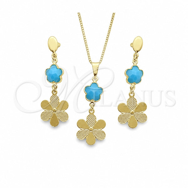 Juego de Arete y Dije de Adulto 10.58.0026.1 Oro Laminado, Diseño de Flor y Box, con Aguamarina Opal, Resinado, Tono Dorado