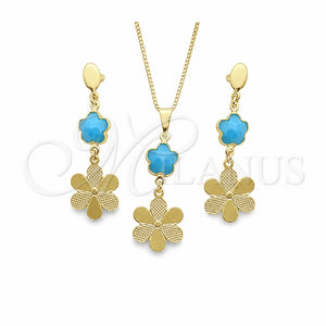 Juego de Arete y Dije de Adulto 10.58.0026.1 Oro Laminado, Diseño de Flor y Box, con Aguamarina Opal, Resinado, Tono Dorado