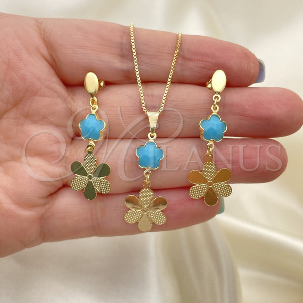 Juego de Arete y Dije de Adulto 10.58.0026.1 Oro Laminado, Diseño de Flor y Box, con Aguamarina Opal, Resinado, Tono Dorado