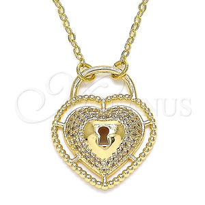 Collares con Dije 04.156.0287.18 Oro Laminado, Diseño de Candado y Corazón, con Blanca Micro Pave, Pulido, Tono Dorado (02 MM Thickness, 18 Inches Length)