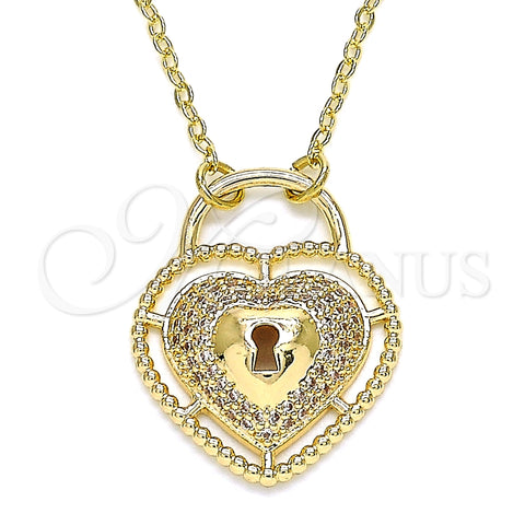 Collares con Dije 04.156.0287.18 Oro Laminado, Diseño de Candado y Corazón, con Blanca Micro Pave, Pulido, Tono Dorado (02 MM Thickness, 18 Inches Length)