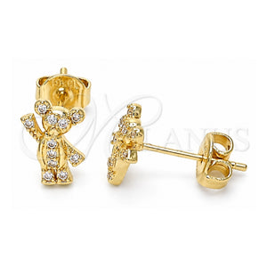 Arete Dormilona 02.156.0428 Oro Laminado, Diseño de Osito, con Micro Pave Blanca, Pulido, Tono Dorado