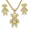 Juego de Arete y Dije de Adulto 10.156.0236 Oro Laminado, Diseño de Osito, con Micro Pave Blanca, Pulido, Tono Dorado